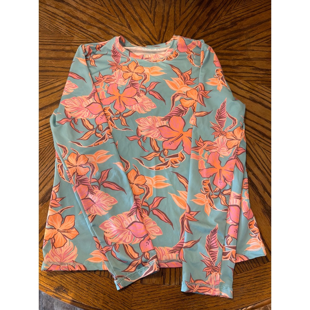 Roxy Womens Long Sleeve Rash Guard Teal Orange Floral Tropical Swim Top Size M